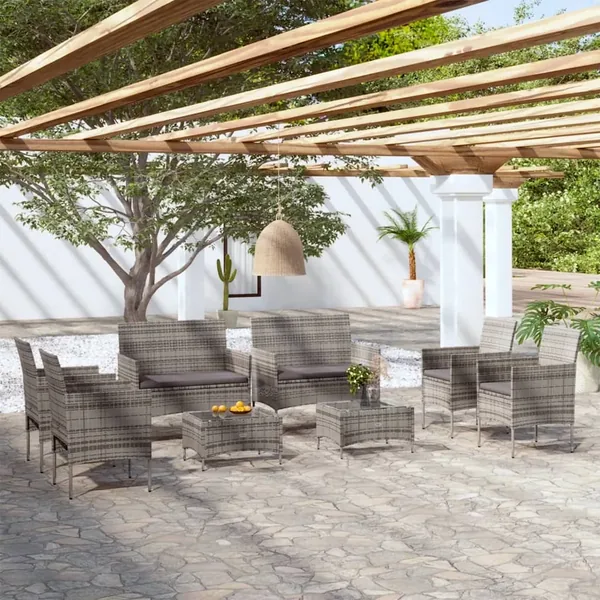 Salon de jardin 8 pcs avec coussins résine tressée gris
