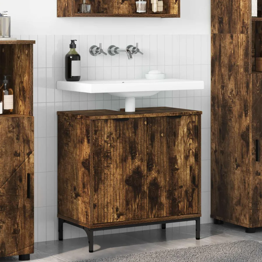 Meuble de Lavabo de Salle de Bain avec stockage Chêne fumé