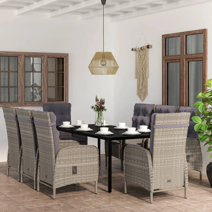 Ensemble à manger de jardin et coussins 9 pcs Gris et noir