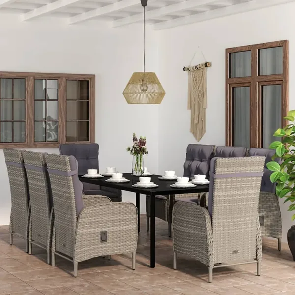 Ensemble à manger de jardin et coussins 9 pcs Gris et noir
