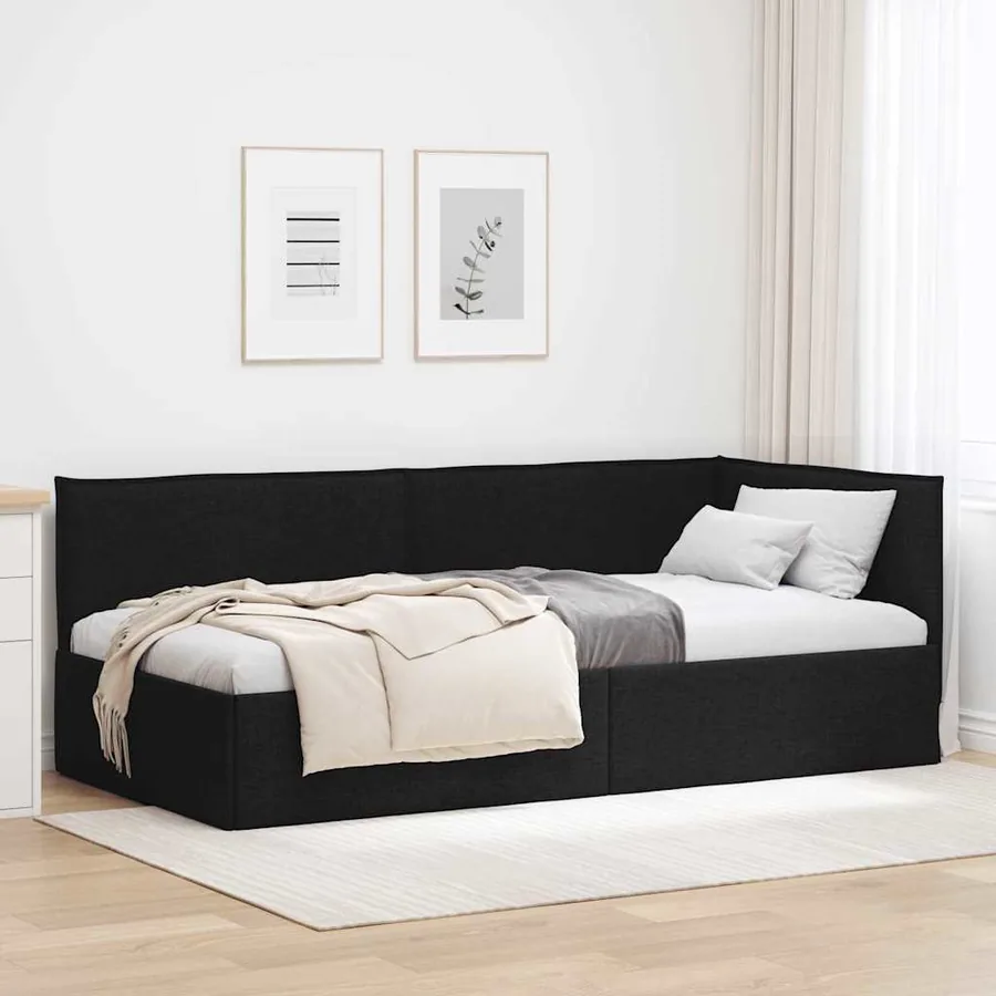 Cadre de lit d'angle avec tête de lit Noir 90 x 200 cm tissu