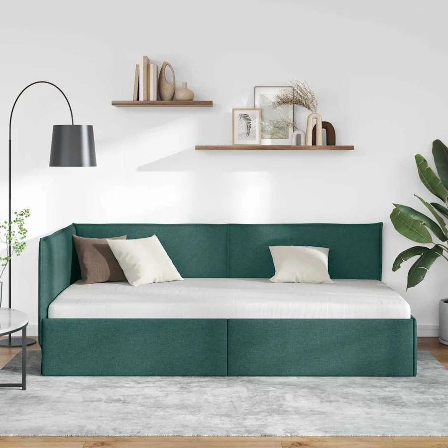 Cadre de lit d'angle Vert foncé 90 x 190 cm tissu - 3