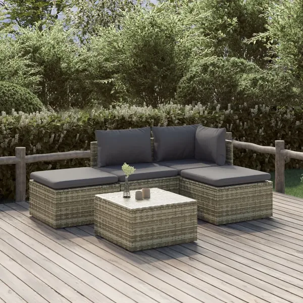 Salon de jardin 5 pcs avec coussins Gris Résine tressée