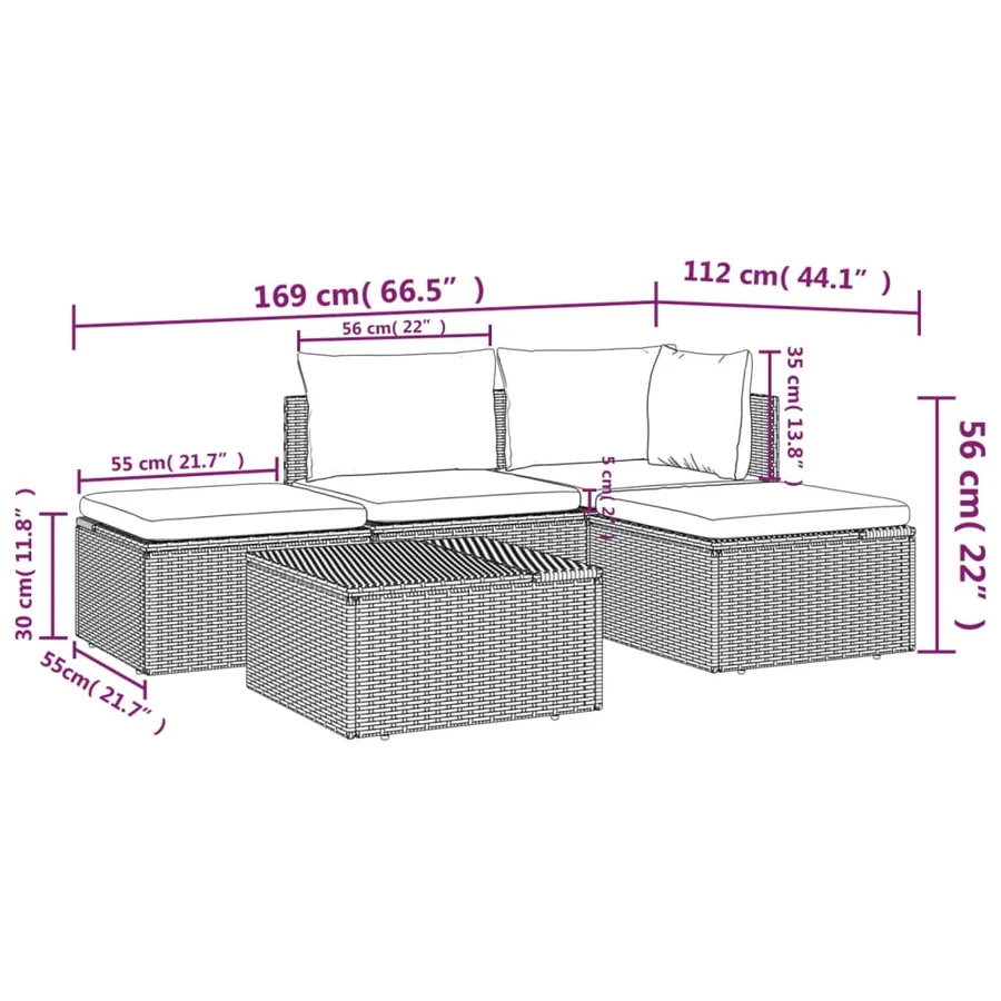 Salon de jardin 5 pcs avec coussins Gris Résine tressée - 10