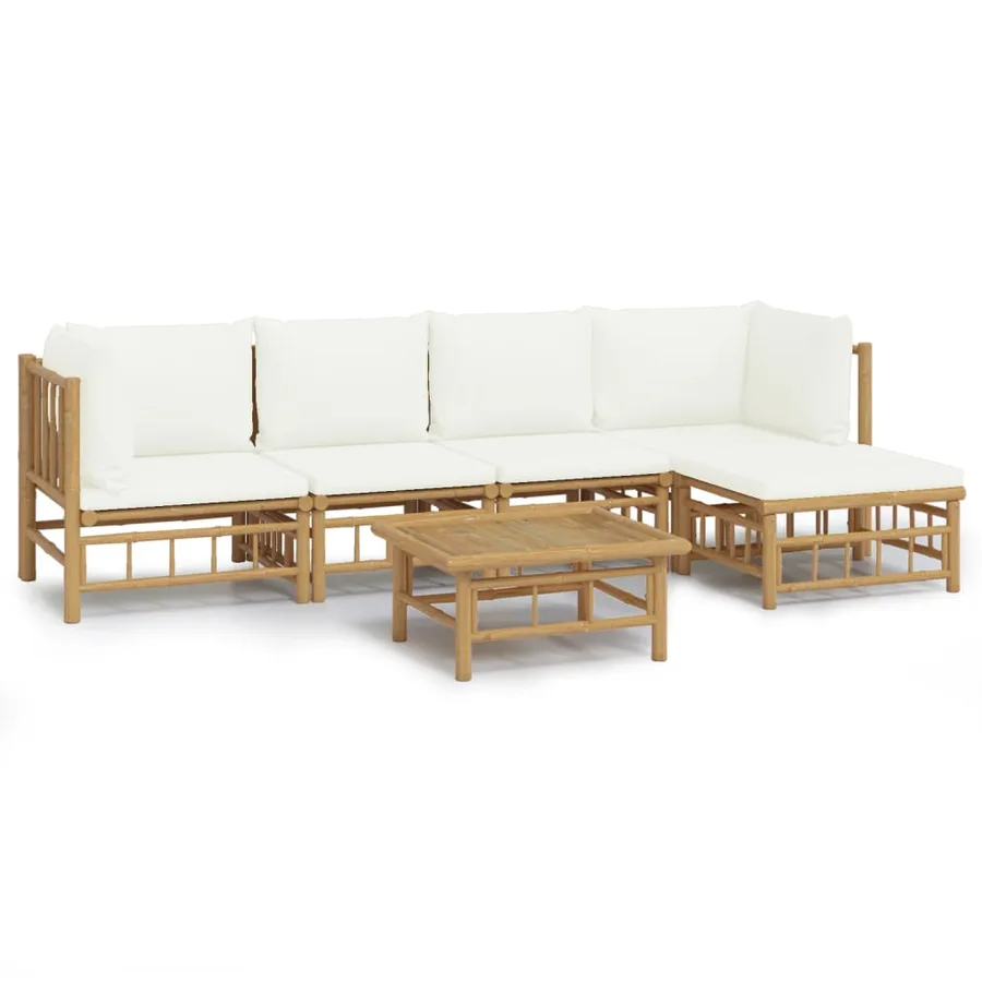 Salon de jardin 6 pcs avec coussins blanc crème bambou - 2