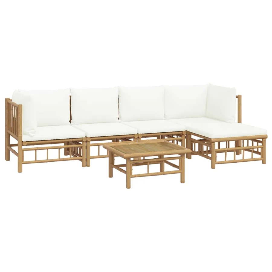 Salon de jardin 6 pcs avec coussins blanc crème bambou - 3
