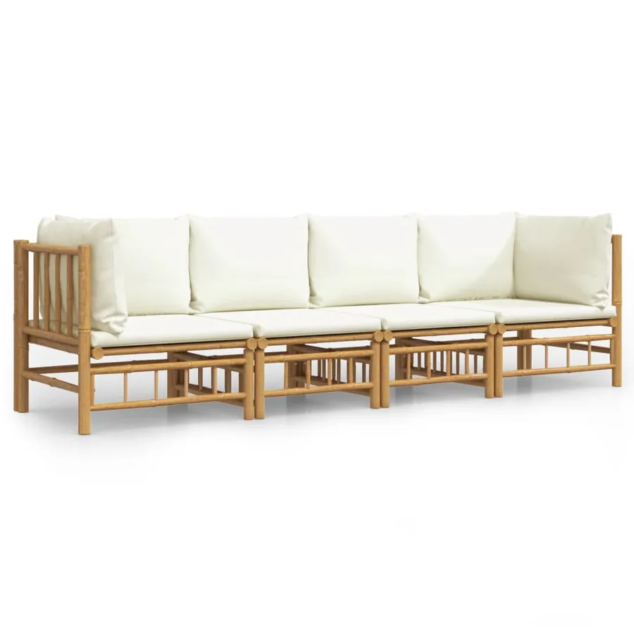 Salon de jardin 4 pcs avec coussins blanc crème bambou - 2