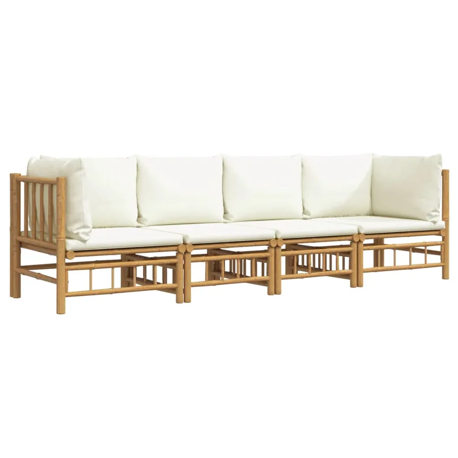 Salon de jardin 4 pcs avec coussins blanc crème bambou - 3