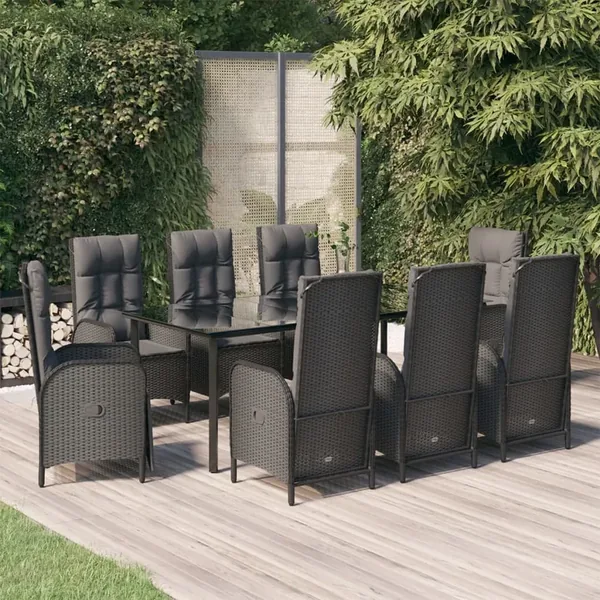 Ensemble à manger jardin 9pcs et coussins noir résine tressée