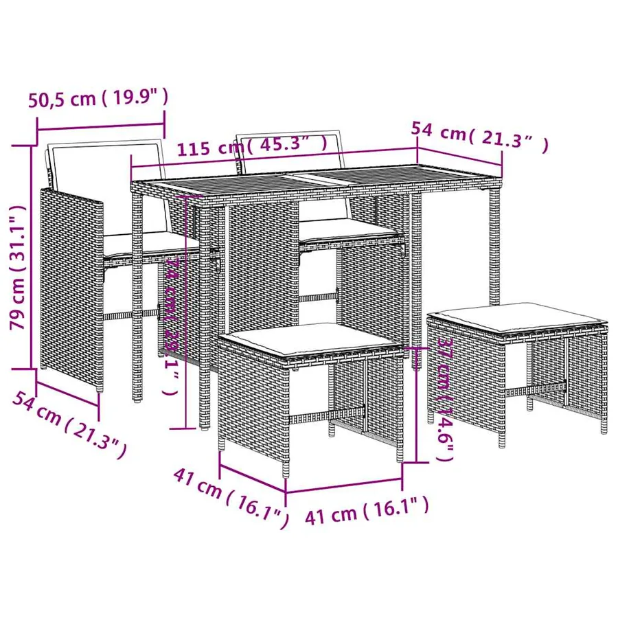 Ensemble à manger de jardin coussins 5pcs Noir Résine tressée - 20