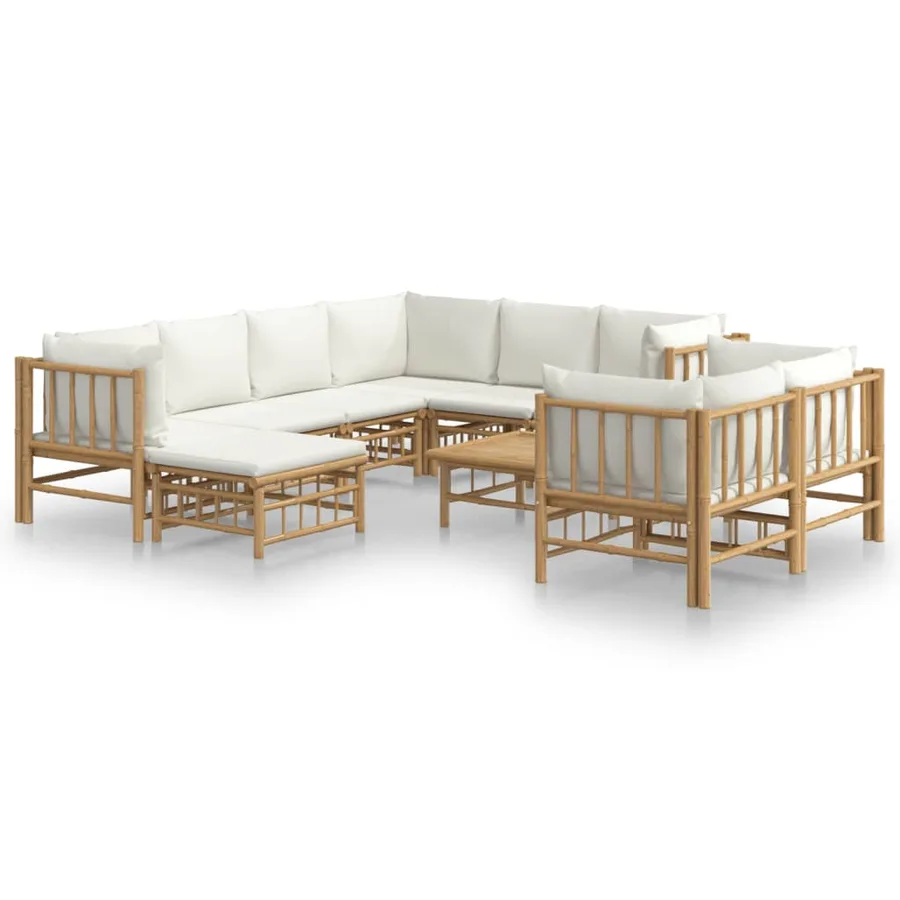 Salon de jardin 10 pcs avec coussins blanc crème bambou - 2