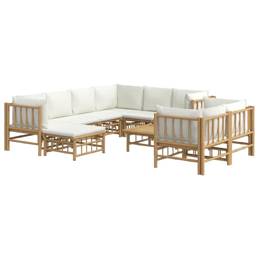 Salon de jardin 10 pcs avec coussins blanc crème bambou - 3