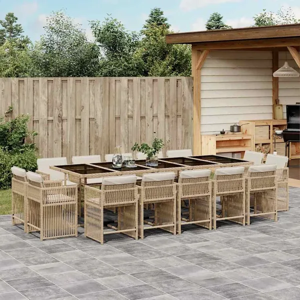 Ensemble à manger de jardin et coussins 15 pcs beige