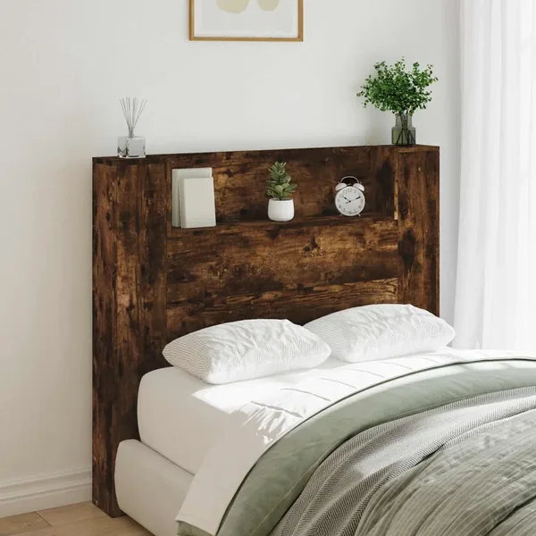 Tête de lit de rangement avec LED Chêne fumé Bois d'ingénierie