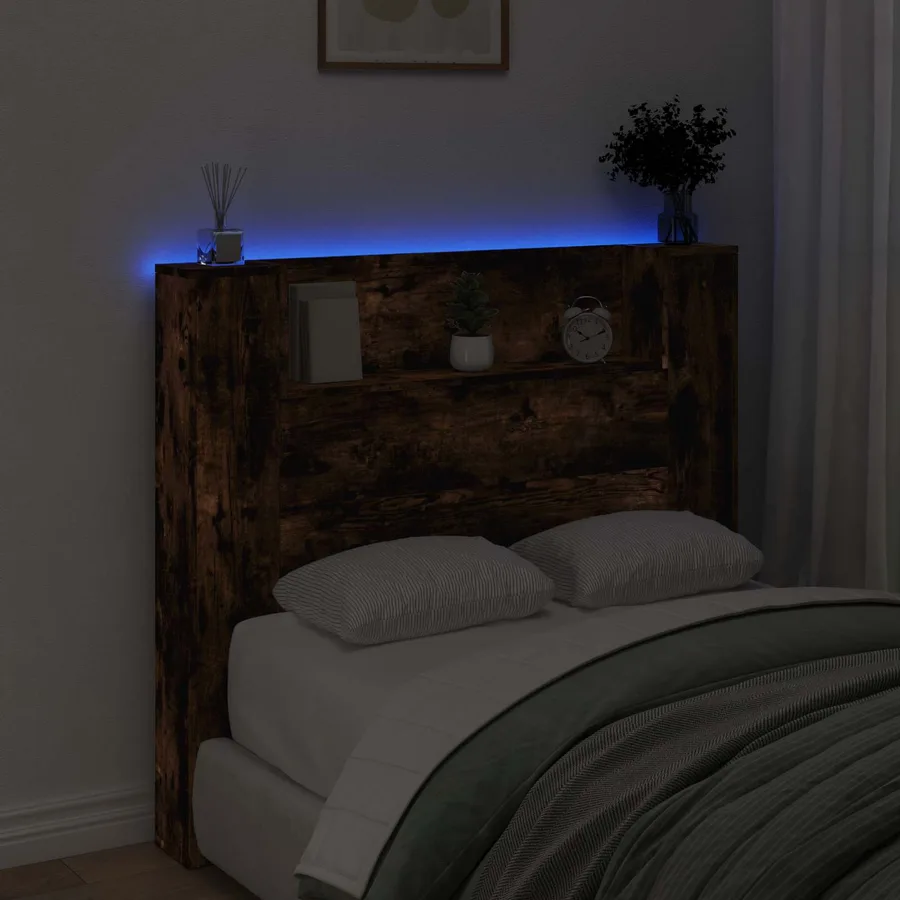 Tête de lit de rangement avec LED Chêne fumé Bois d'ingénierie - 4