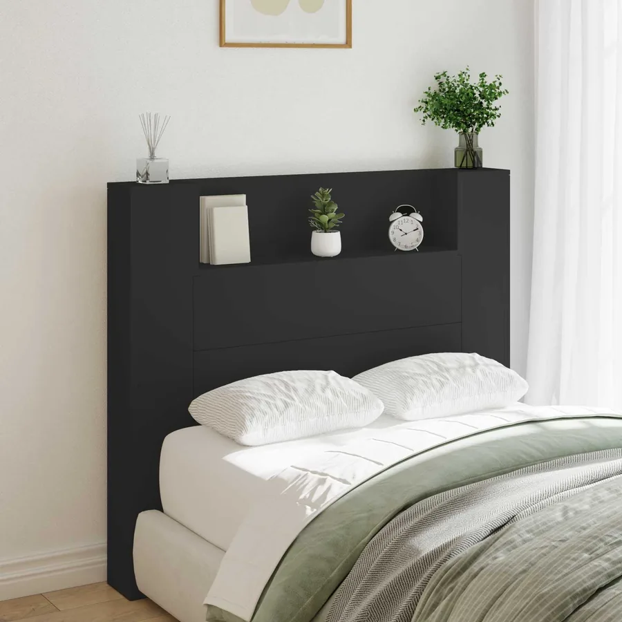 Tête de lit de rangement avec LED Noir Bois d'ingénierie