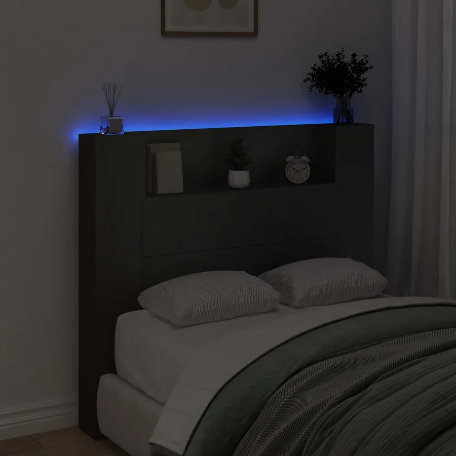 Tête de lit de rangement avec LED Noir Bois d'ingénierie - 4