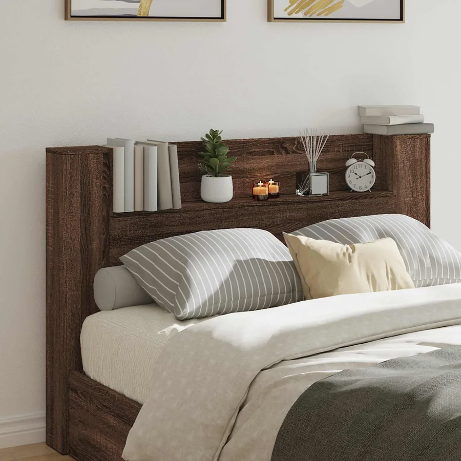 Tête de lit de rangement avec LED Chêne brun Bois d'ingénierie