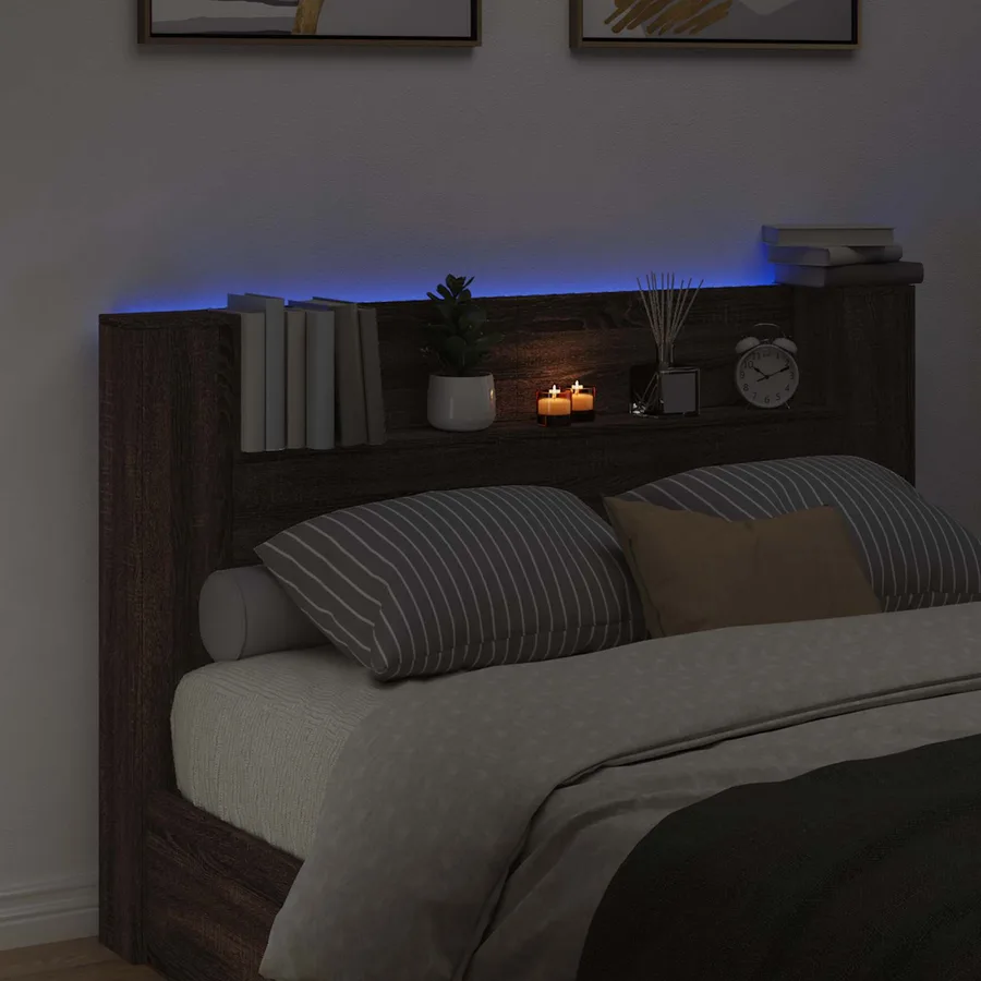 Tête de lit de rangement avec LED Chêne brun Bois d'ingénierie - 4