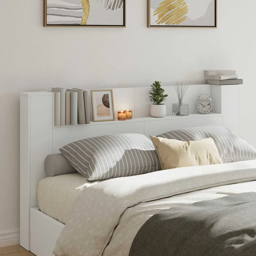 Tête de lit de rangement avec LED Blanc Bois d'ingénierie