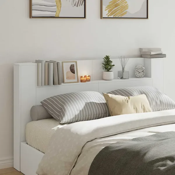 Tête de lit de rangement avec LED Blanc Bois d'ingénierie