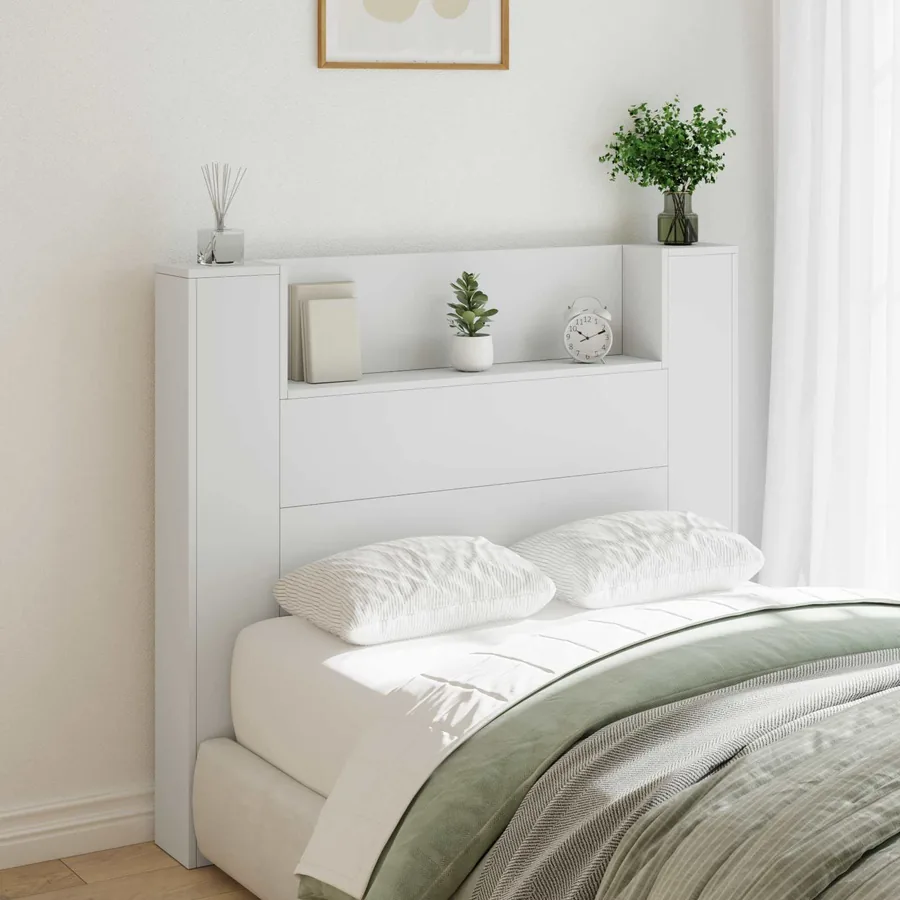 Tête de lit de rangement avec LED Blanc Bois d'ingénierie