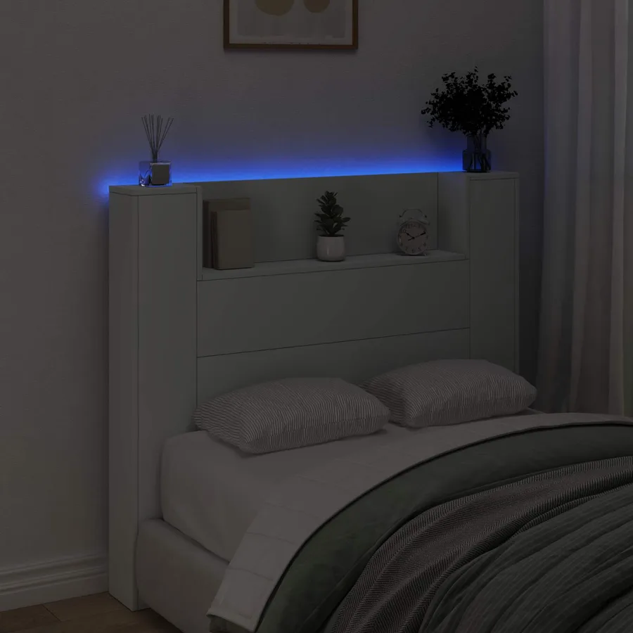 Tête de lit de rangement avec LED Blanc Bois d'ingénierie - 4