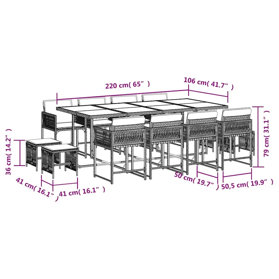 Ensemble à manger de jardin et coussins 13 pcs gris clair rotin - 10