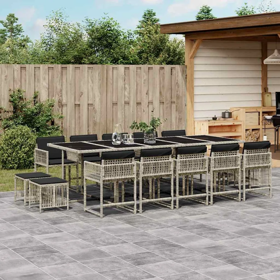 Ensemble à manger de jardin et coussins 15 pcs gris clair rotin