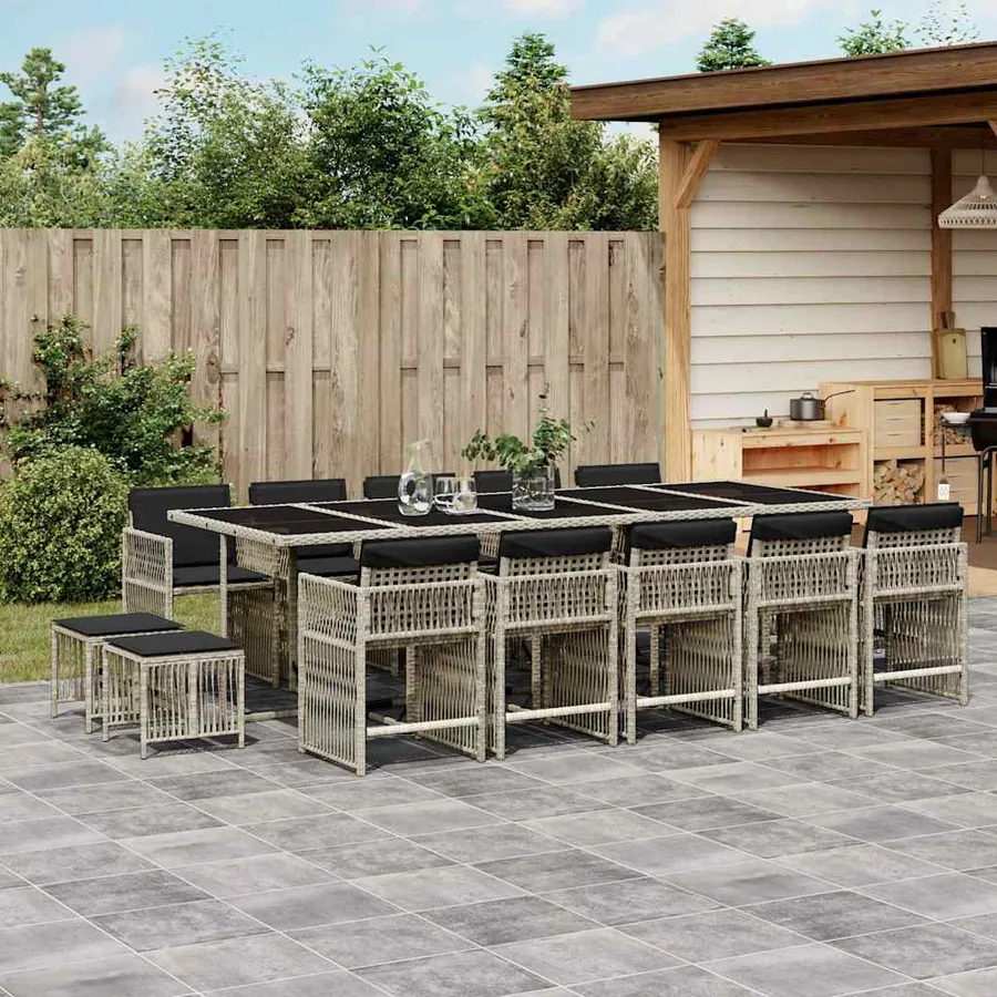 Ensemble à manger de jardin et coussins 15 pcs gris clair rotin
