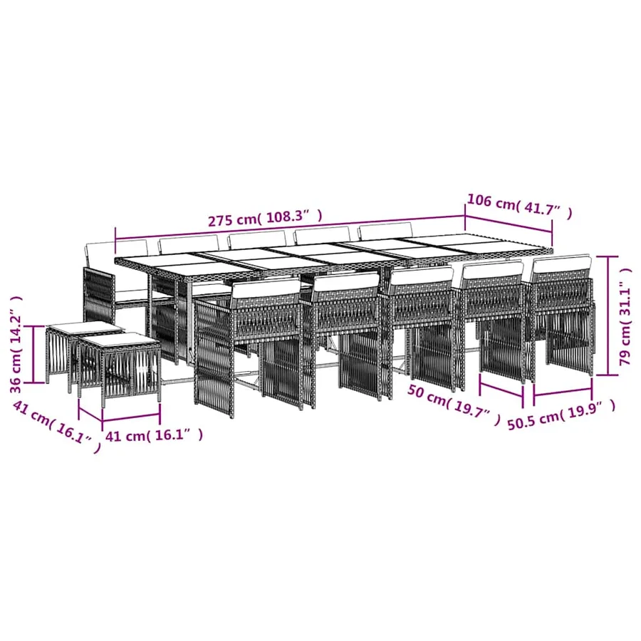 Ensemble à manger de jardin et coussins 15 pcs gris clair rotin - 10