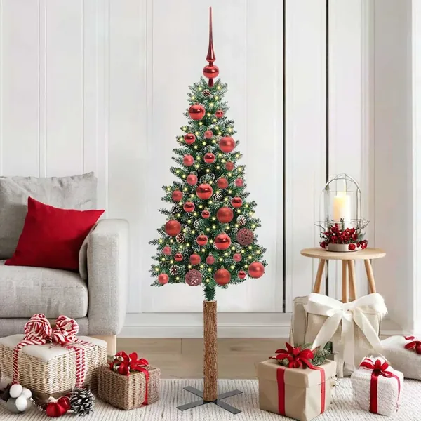 Sapin de Noël mince Vert 150 cm PVC et bois de pin massif