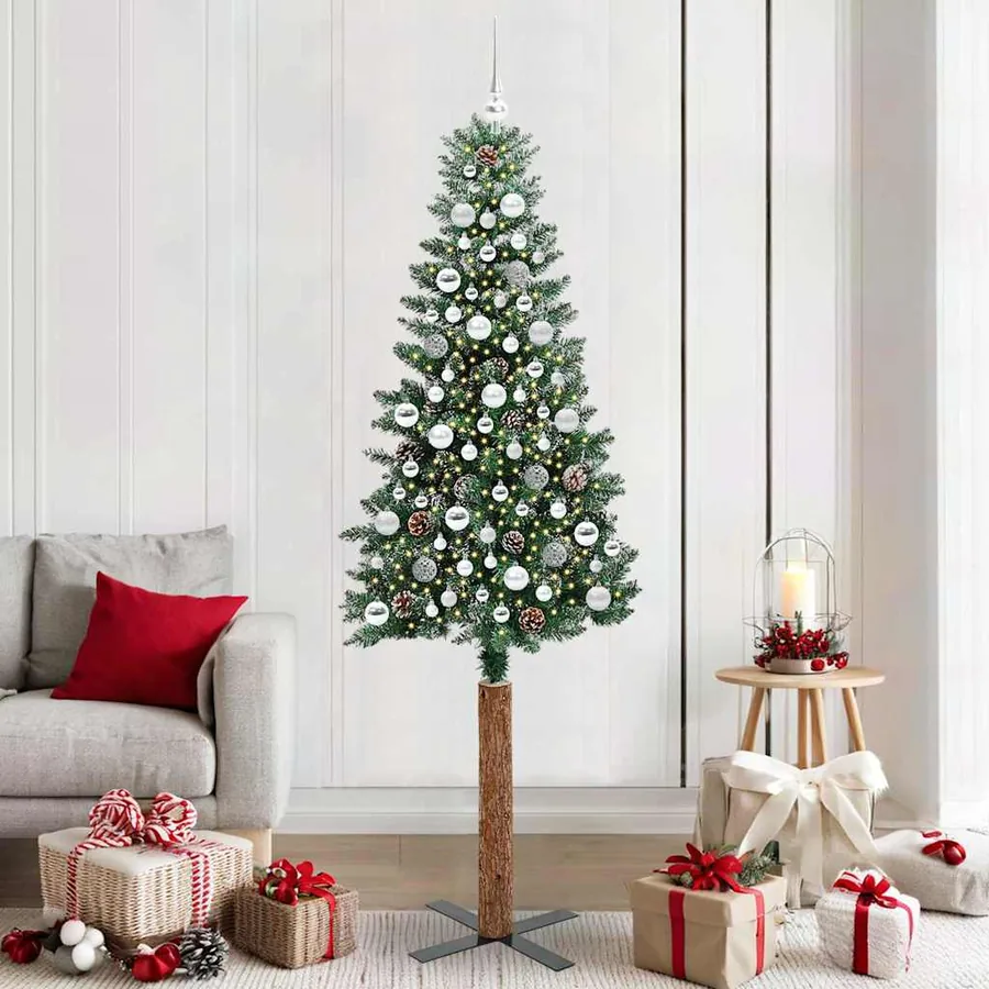 Sapin de Noël mince Vert 210 cm PVC et bois de pin massif