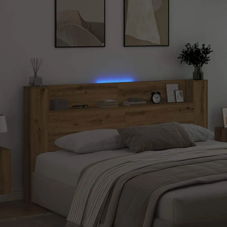 Tête de lit de rangement avec LED Chêne artisanal - 4