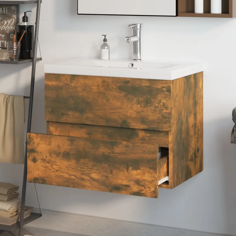 Meuble lavabo avec bassin intégré Chêne fumé Bois d'ingénierie - 4