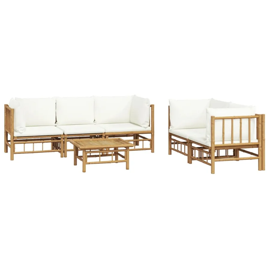 Salon de jardin 6 pcs avec coussins blanc crème bambou - 3