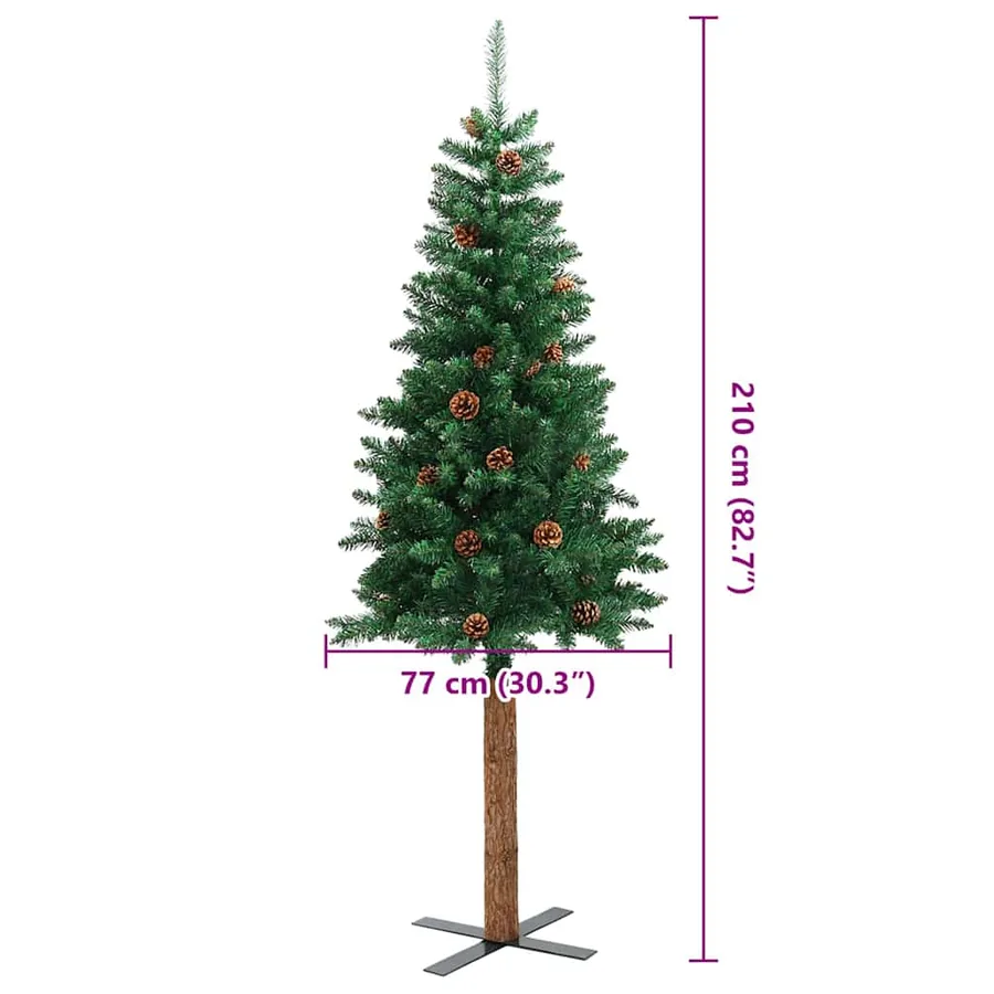 Sapin de Noël mince Vert 210 cm PVC et bois de pin massif - 15