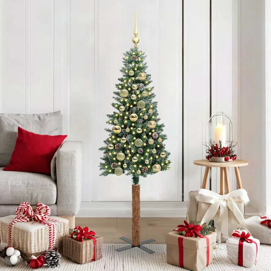 Sapin de Noël mince Vert 150 cm PVC et bois de pin massif