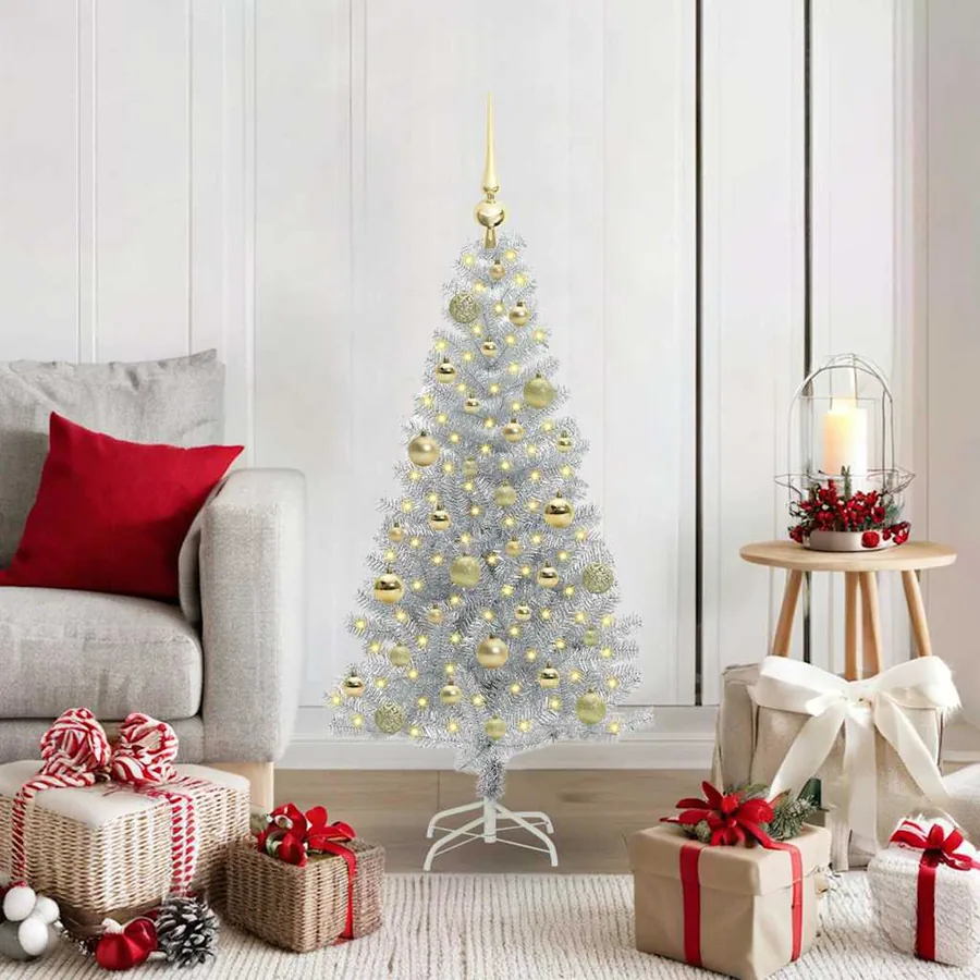 Sapin de Noël avec 150 LED avec support Argent 120 cm PET