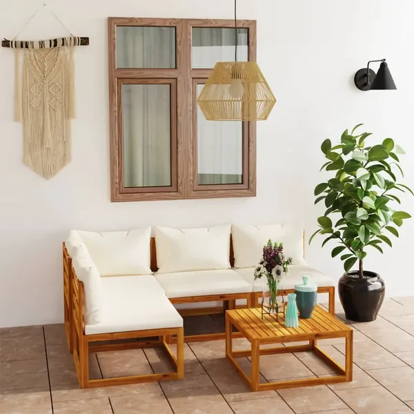 Salon de jardin 5 pcs avec coussin Crème Bois d'acacia solide