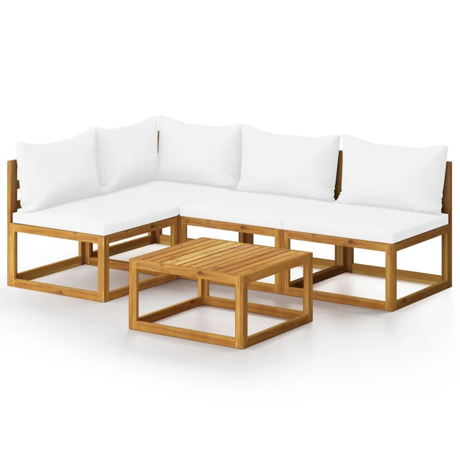 Salon de jardin 5 pcs avec coussin Crème Bois d'acacia solide - 2