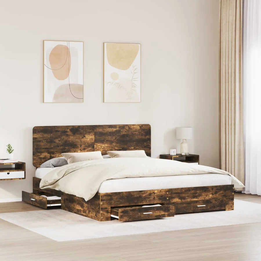 Cadre de lit Chêne fumé 200 x 200 cm Bois d'ingénierie - 3