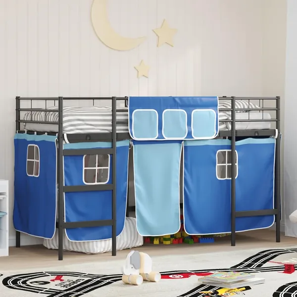 Cadre de Lit Mezzanine pour Enfants avec Rideaux Noir et Bleu