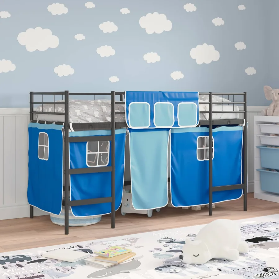 Cadre de Lit Mezzanine pour Enfants avec Rideaux Noir et Bleu - 3