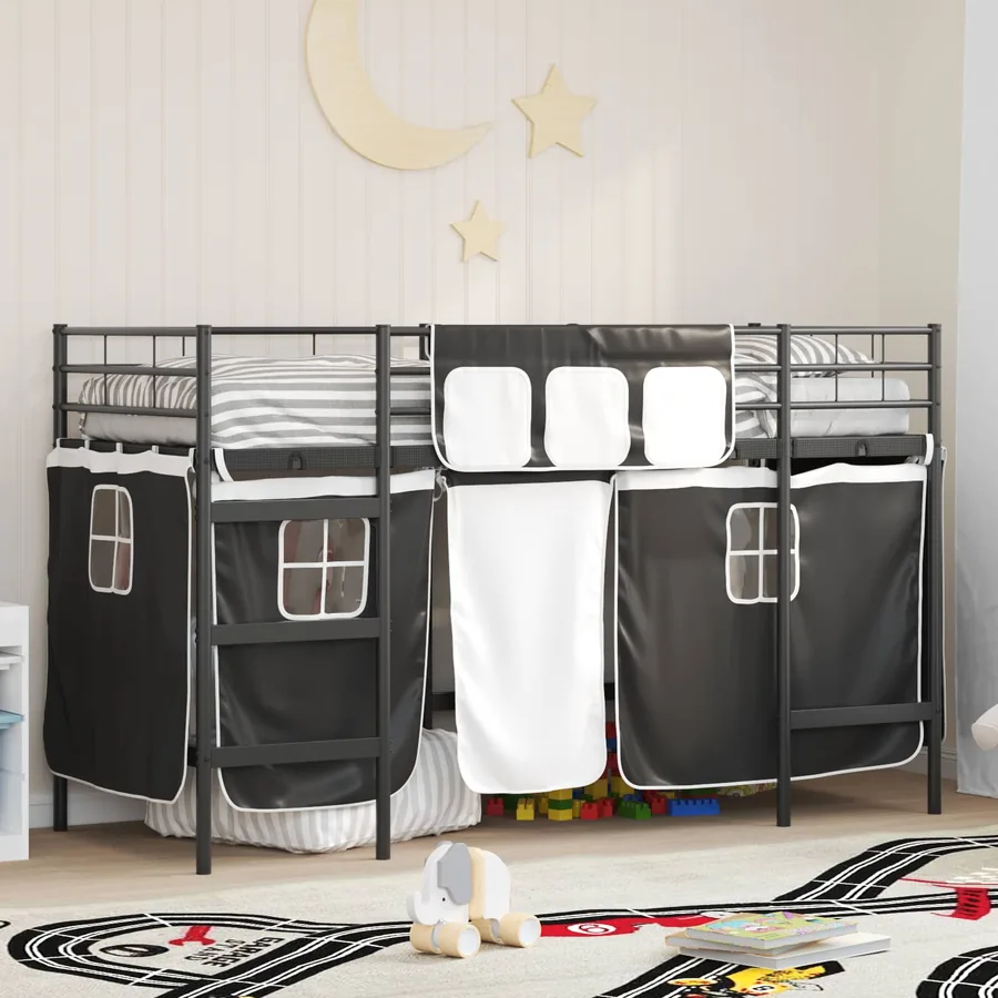 Cadre de Lit Mezzanine pour Enfants avec Rideaux Noir