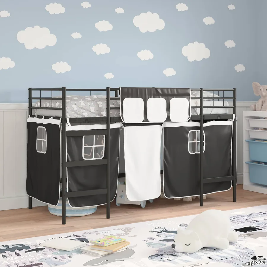 Cadre de Lit Mezzanine pour Enfants avec Rideaux Noir - 3
