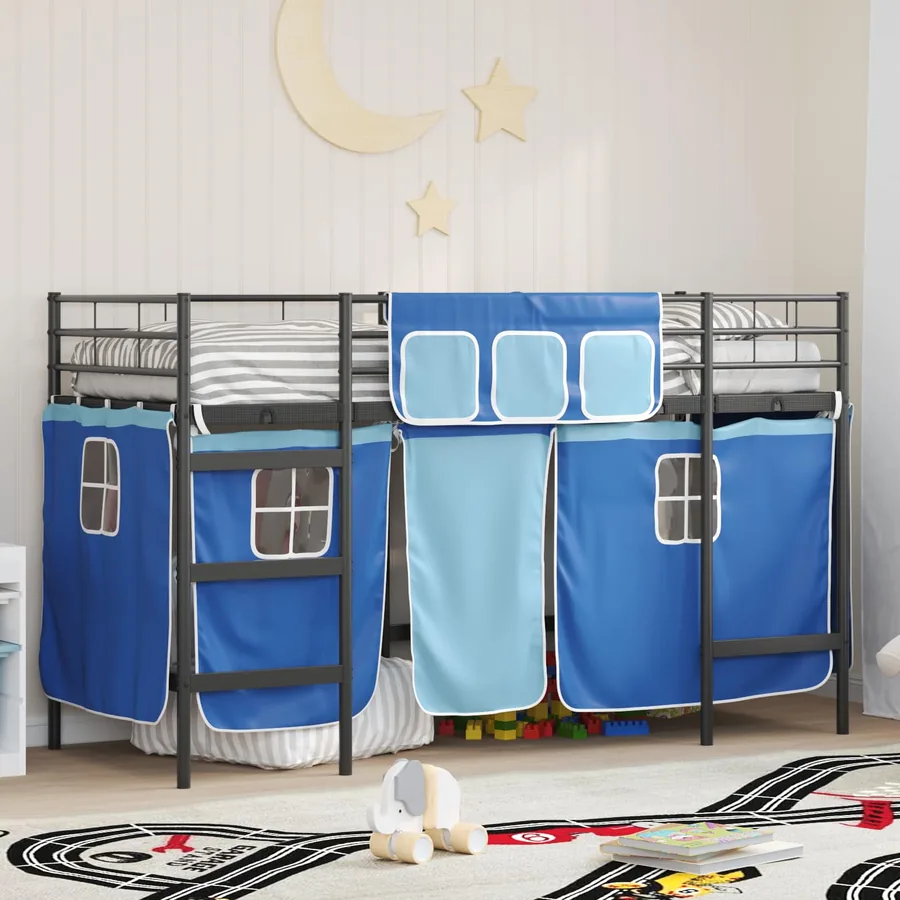 Cadre de Lit Mezzanine pour Enfants avec Rideaux Noir et Bleu