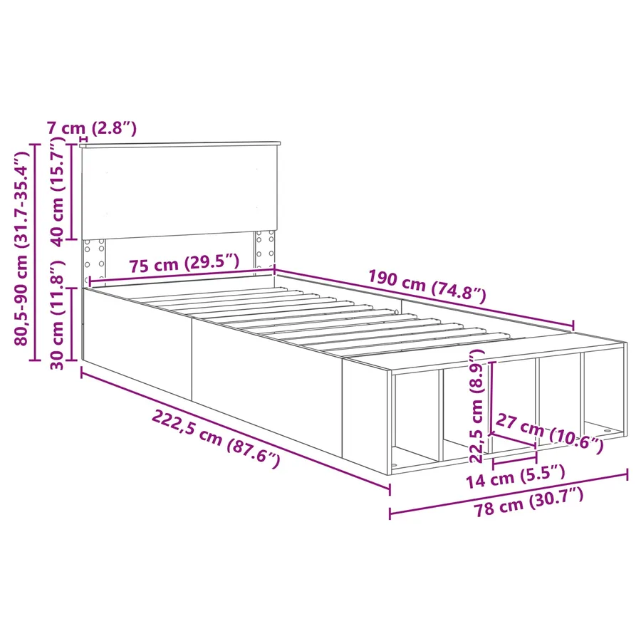 Cadre de lit Chêne brun 75 x 190 cm Bois d'ingénierie - 13