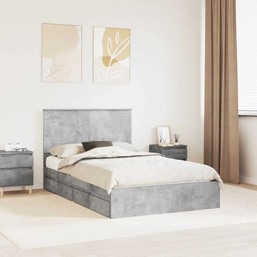 Lit de Rangement Gris béton 135 x 190 cm Bois d'ingénierie