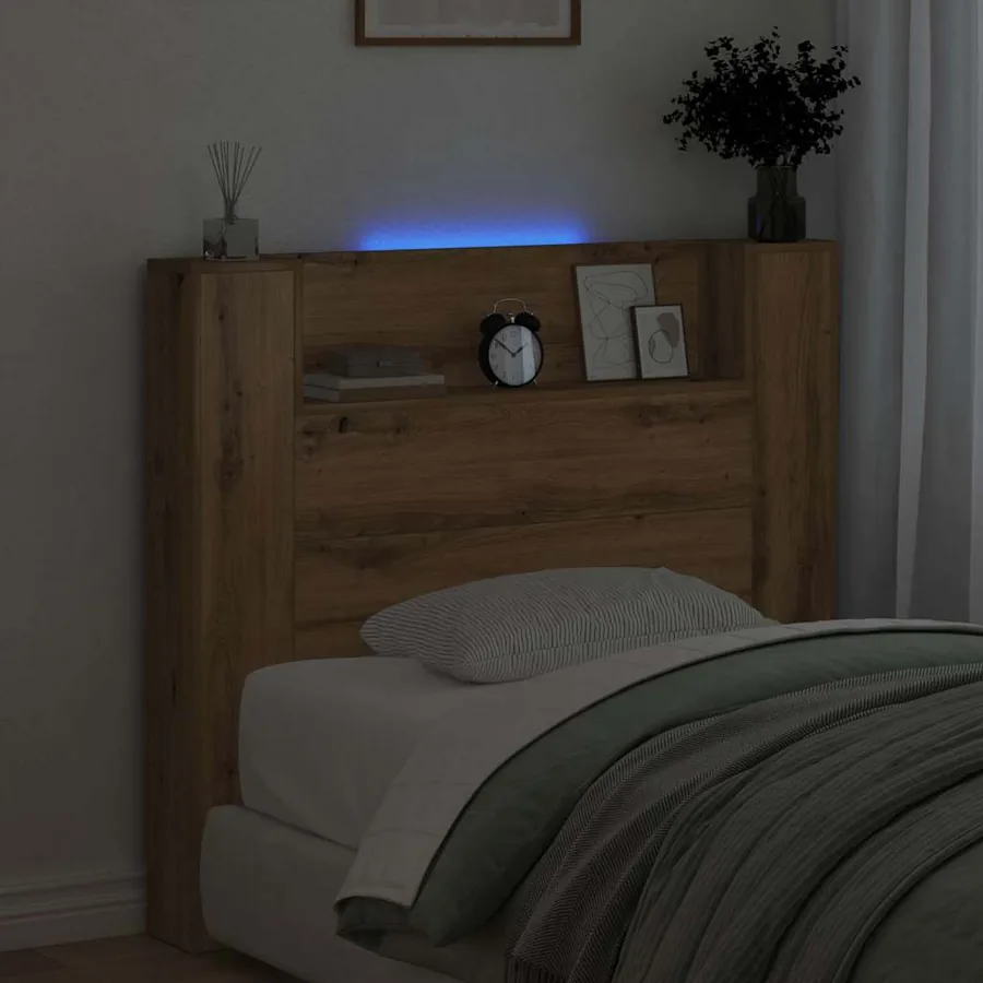 Tête de lit de rangement avec LED Chêne artisanal - 4